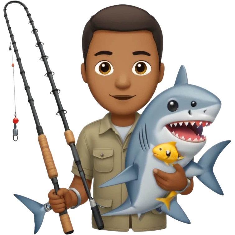 Black man holding a fishing pole with a shark at the end, emoji style emoji