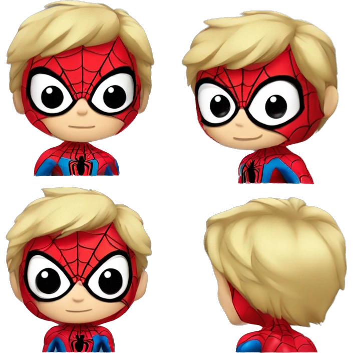 Crea un Spiderman chibi anime. El personaje debe ser pequeño y adorable, con cabeza grande y cuerpo pequeño, y expresiones simples pero llamativas. Debe llevar el traje de Spider-Man, con los clásicos colores. emoji