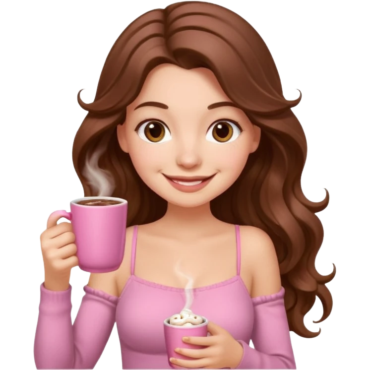 menina branca com cabelos castanhos longos ondulados com xícara rosa na frente com chocolate quente, com blusa de alça fina emoji