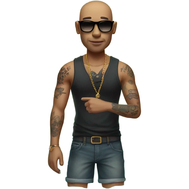 bald man with sunglasses by water with tattoos  emoji