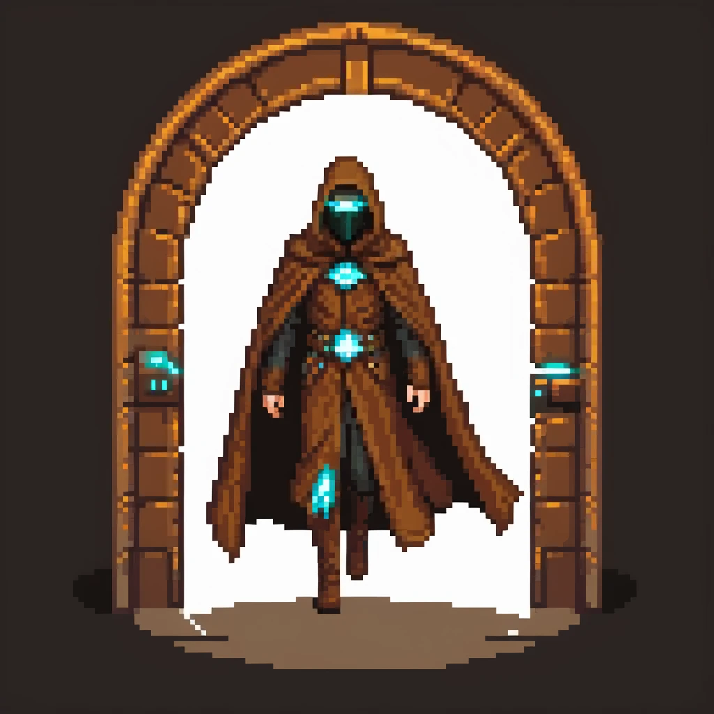 A mysterious man with a brown cloak and futuristic high-tech mask stepping out of a glowing portal emoji