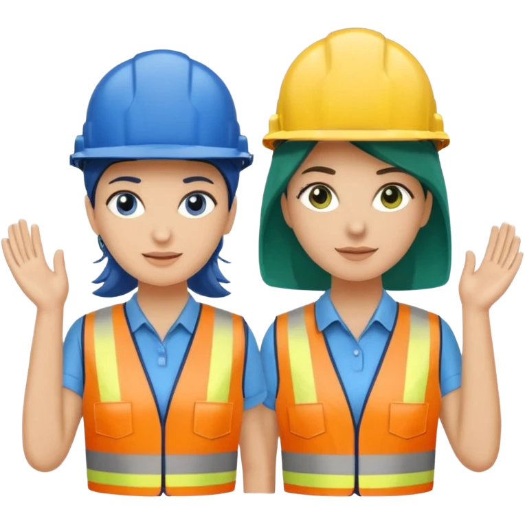 Um homem e uma mulher amarelos com capacete de obras ambos azul escuro e camisa social cinza com faixas refletivas verdes nos braços, Um deles deve estar segurando um megafone de avisos emoji