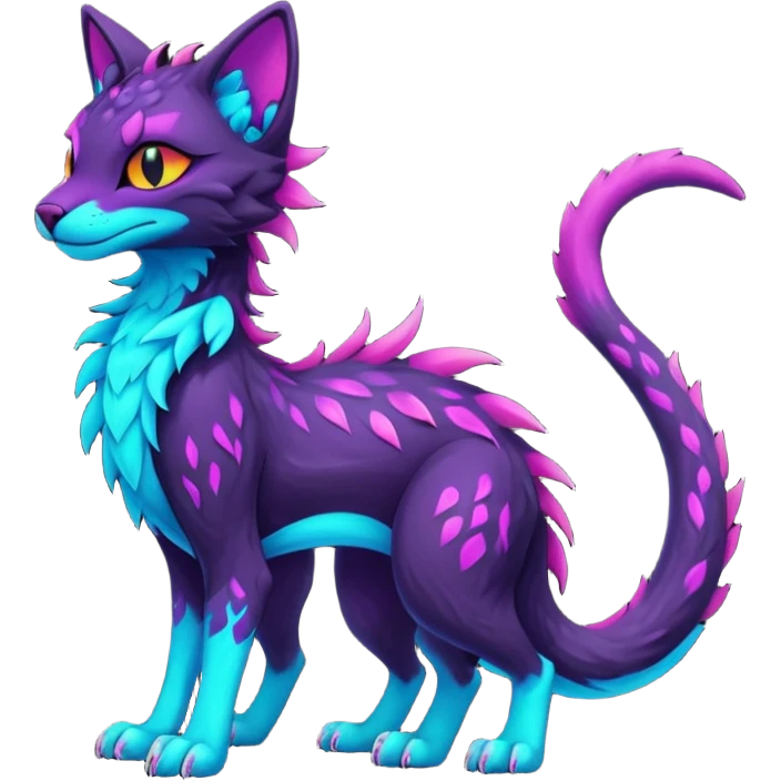 Kawaii dark edgy colorful vibrant neon glowing fantasy feline-vernid-sergal-fursona animal creature with a tufted tail full body with intricate markings  emoji