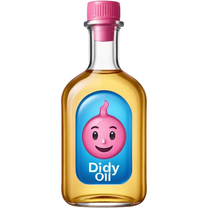 Smiling bottle of oil blue top pink outside with logo that says diddy oil emoji