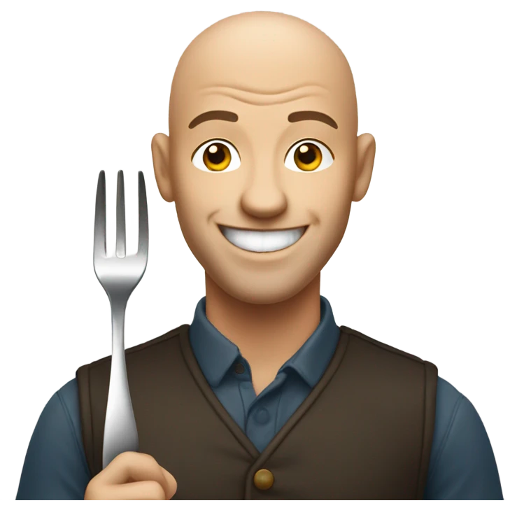 Bald man smiling with a fork emoji