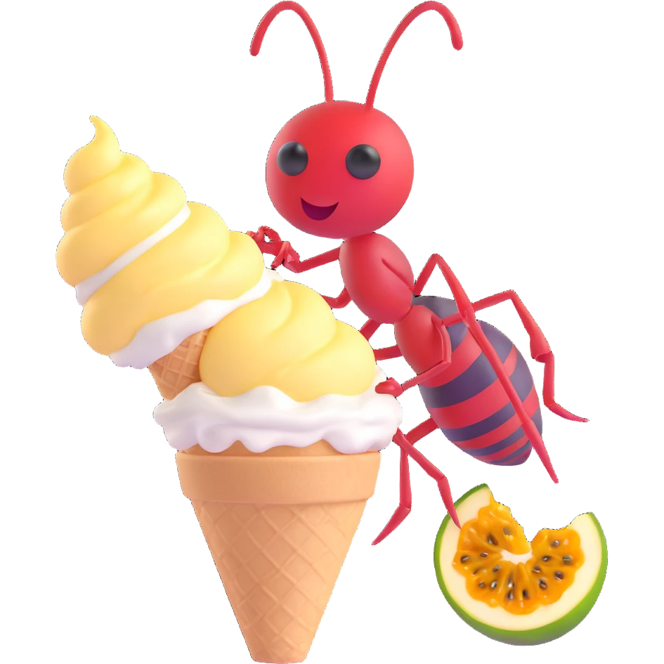 icon of an ant eating passion fruit ice cream, subtle 3D effect emoji