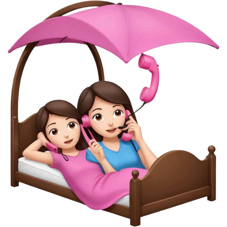 brunette woman laying on a canopy bed, holding a pink telephone to her ear emoji