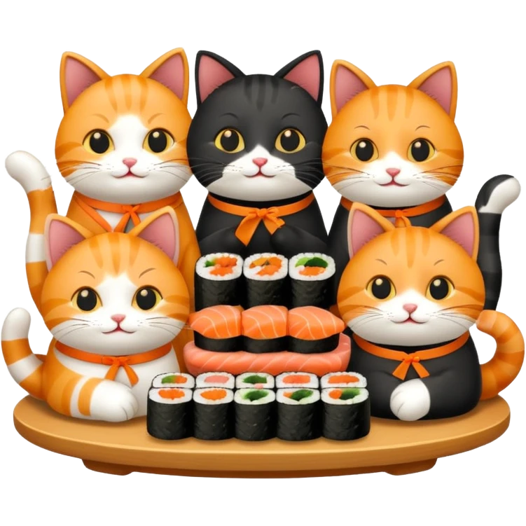 four happy cats having sushi dinner together emoji