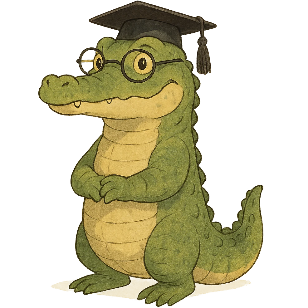 ghibli style academic alligator wearing glasses and a graduation cap, white background emoji