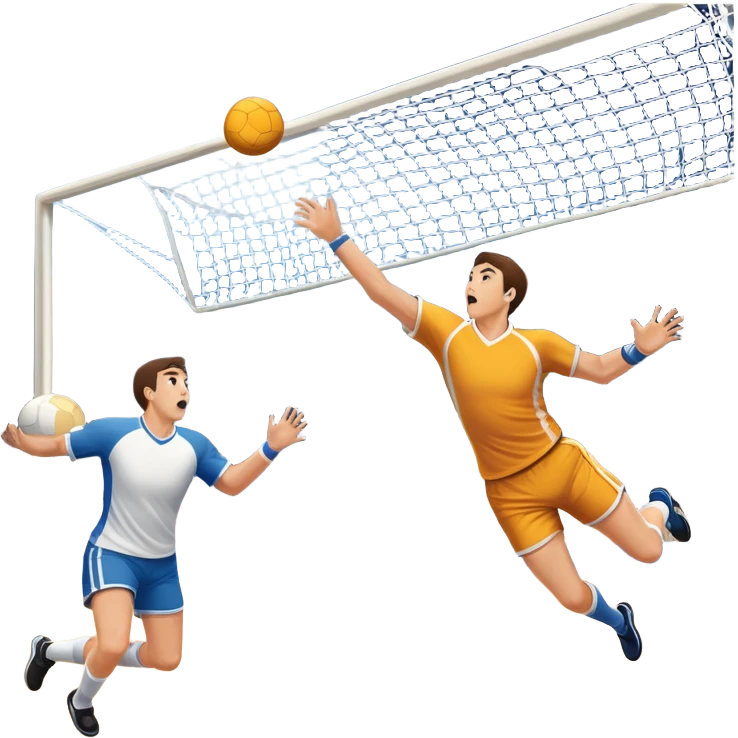 A handball thrown towards the goal, mid-air, with the goalposts and court lines in the background. The scene captures the power and precision of the throw, with the net of the goal in focus, emphasizing the dynamic action of the sport. emoji