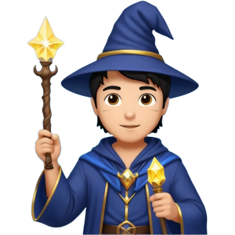 mach mir einen fitness typen in einem zauberer outfit mit schwarzen harren und ein leuchtendem zauberstab emoji
