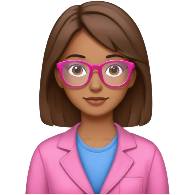 Mujer jóven, profesora de educación, con el pelo castaño suelto, piel morenita, gafas de color rosado y ropa cómoda emoji