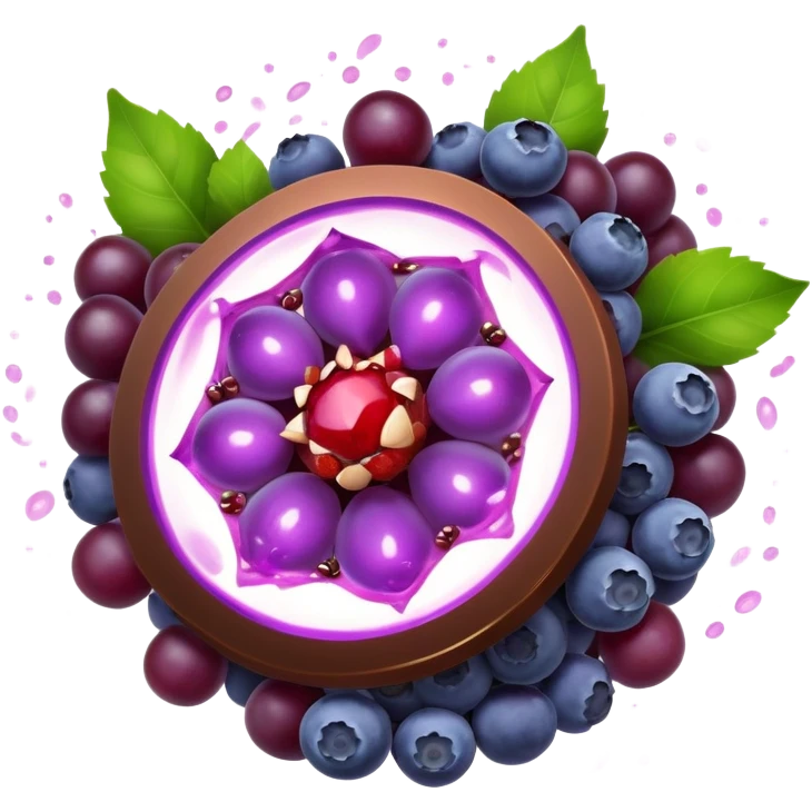 Blueberries, pomegranate, purple grapes, dark chocolate, and green tea leaves floating in a bright purple vortex. A glowing shield surrounds cells, dissolving dark shadow particles representing free radicals. The protective light extends throughout the body, showing antioxidants' protective effects. emoji