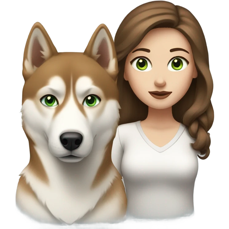 White Woman hair brown and bleus eyes and golden Husky With green eyes emoji