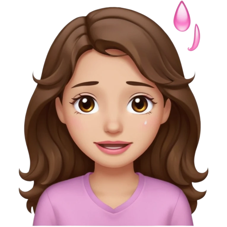 girl with wavy long brown hair, brown eyes, light to medium complexion, long lashes, light pink lipstick, wearing light pink shirt, smiling, crying big tears emoji