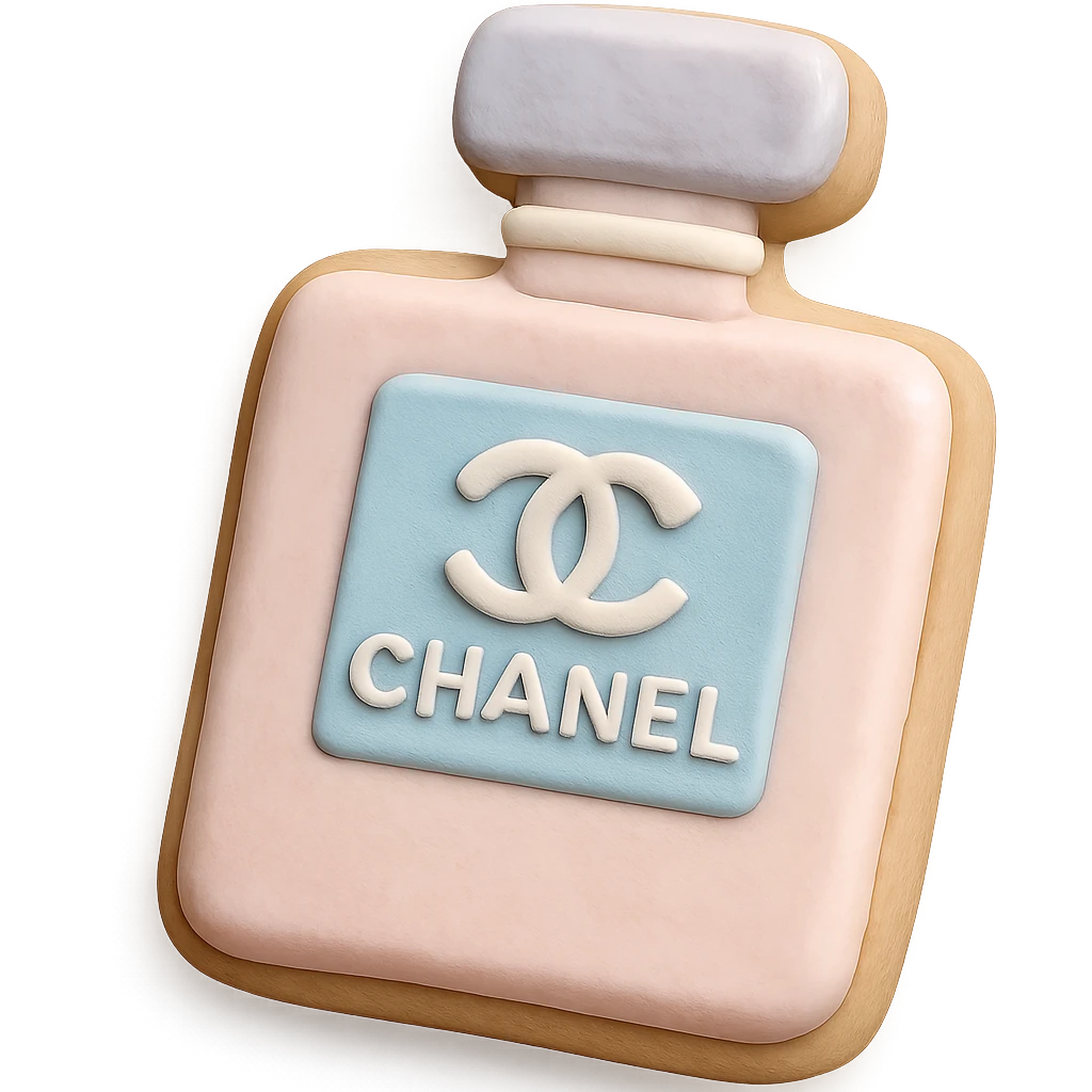 pastel Chanel cookie, shaped like a perfume bottle with logo emoji