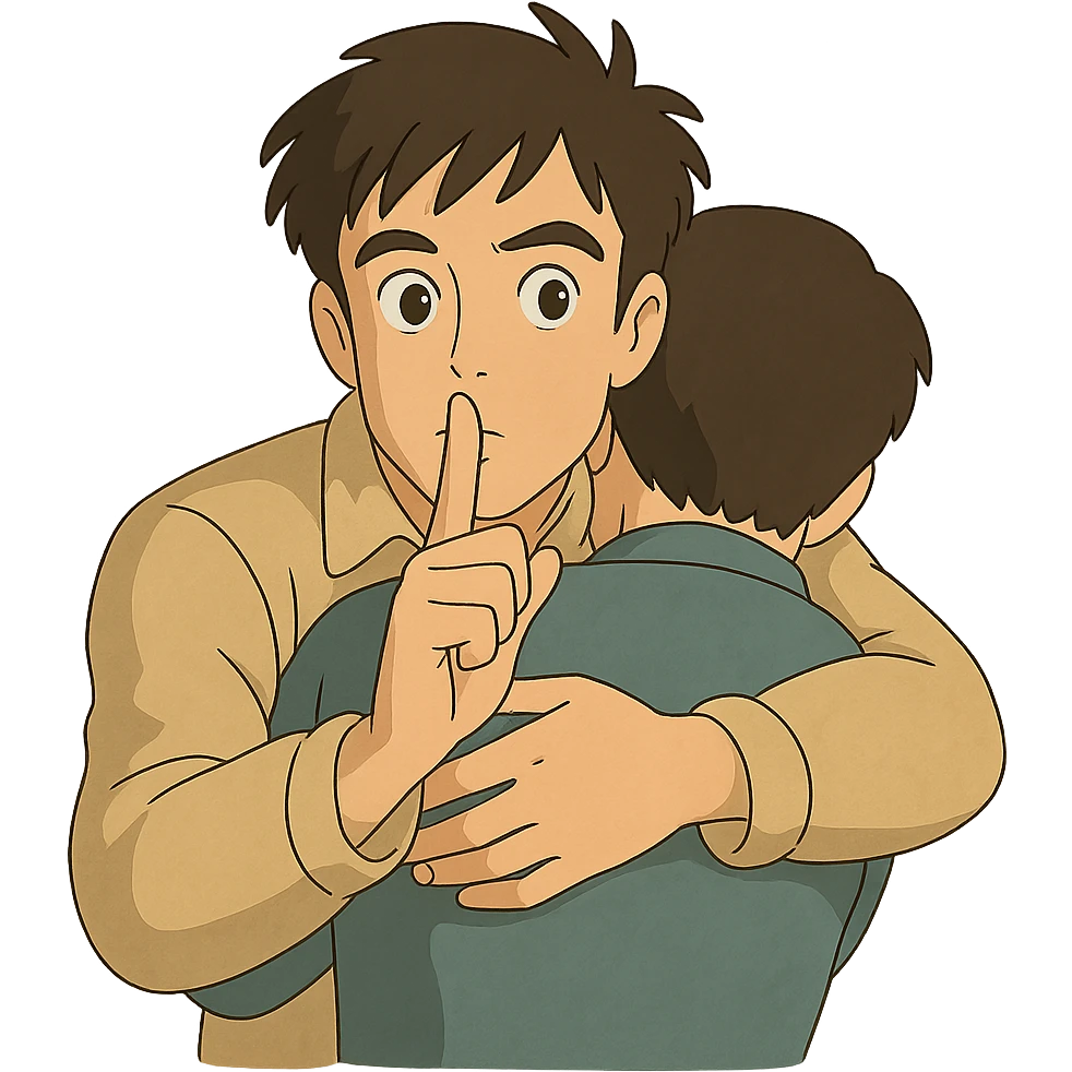man hugging another person while making a quiet sign emoji