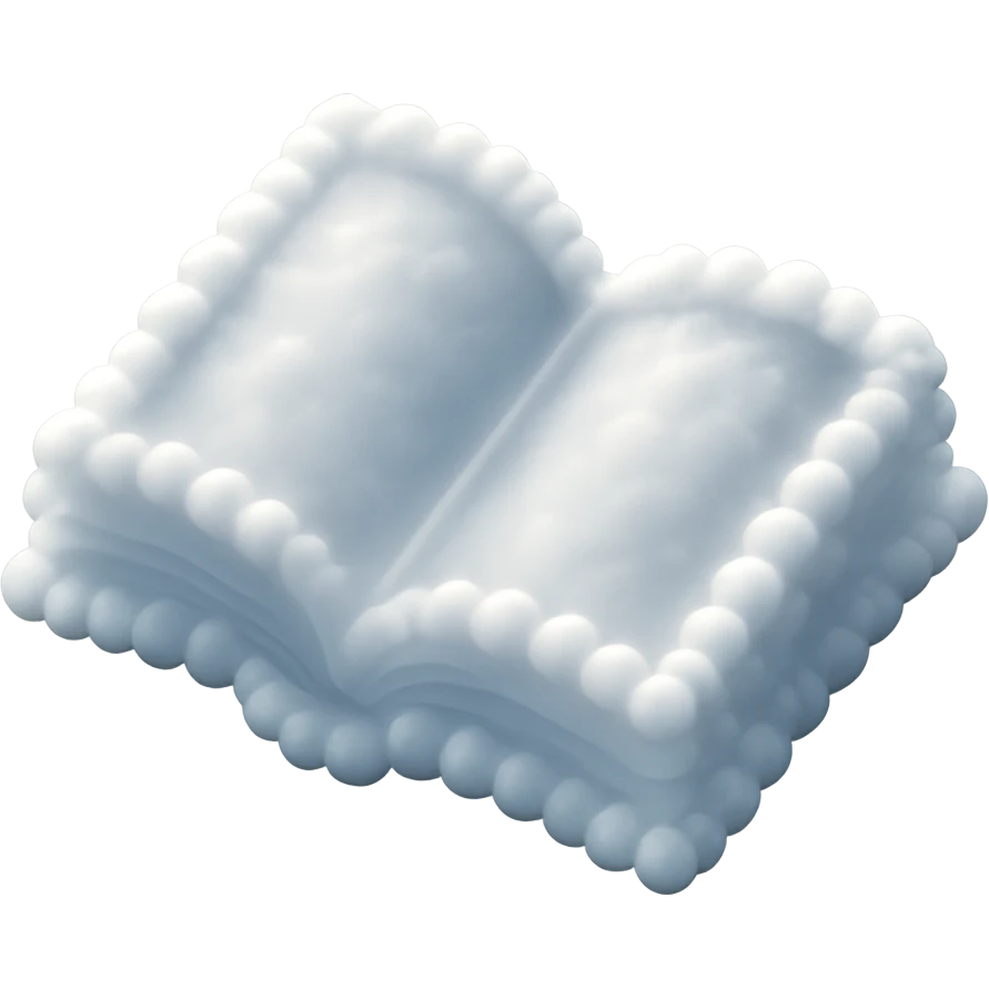 top view of a thick open book made entirely of small, very bright white fluffy convex clouds, matte glass style emoji