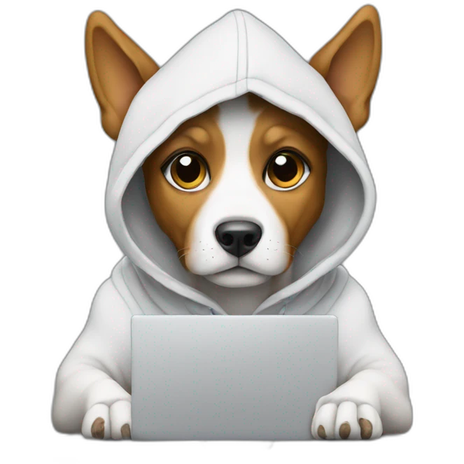Dog with hoodie programming with paws on a laptop emoji