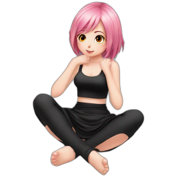 Full body Front view curvy emo girl pink hair sits on the floor straight view hands up black skirt полосатые рваные чулки emoji
