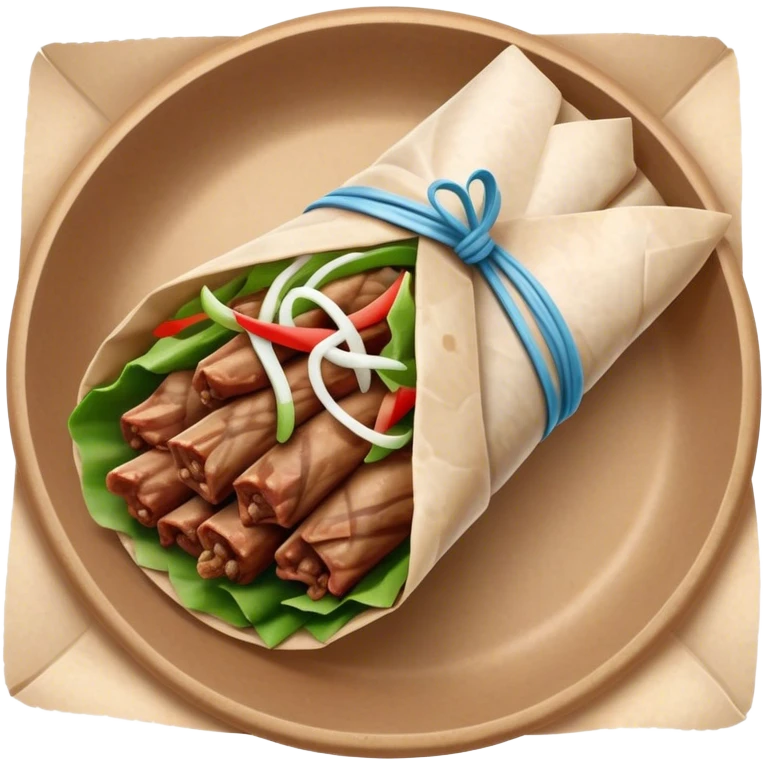 Gyros Cinematic Realistic Gyros Dish Emoji, depicted as succulent, spiced meat wrapped in paper for easy handling, rendered with lifelike textures and dynamic, warm lighting. emoji