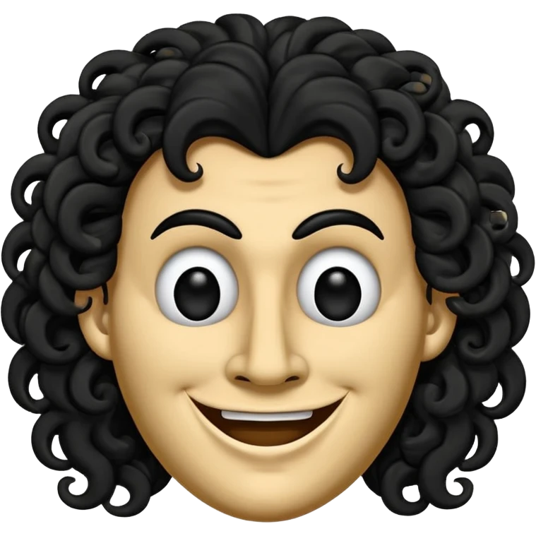 generate theatre wooden mask emoji with a big curly black hair 

wide black coloured smile, long and pointy white nose with no nostrils, pitch black eyes emoji
