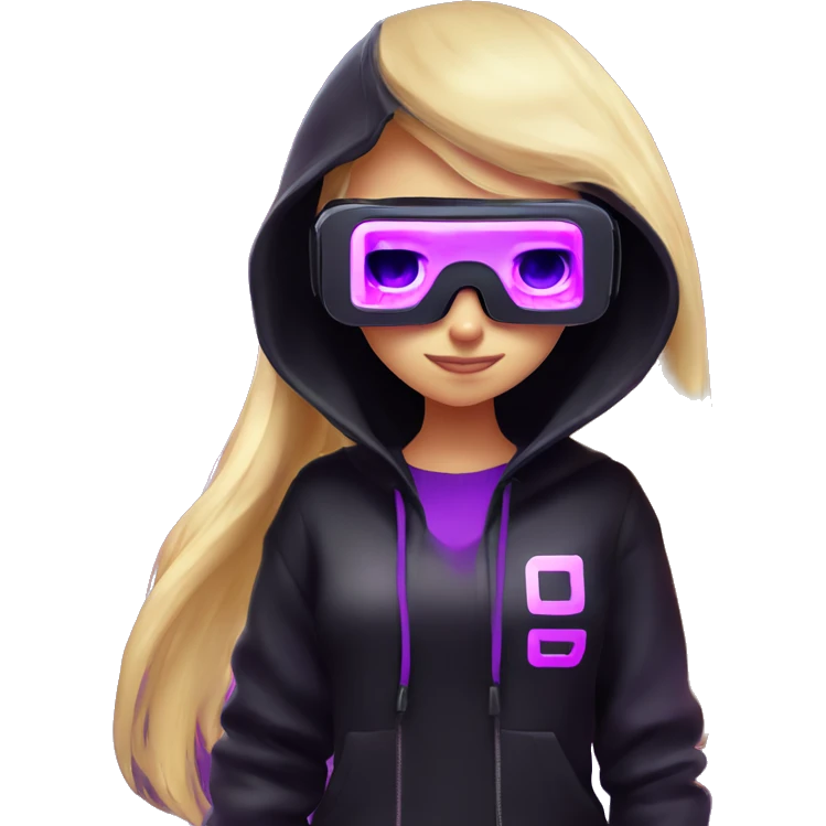 Russian cute blond student girl wearing black hoody with violet letters "OMG", in vr headset. No eyes. Cyberpunk style. Violet neon. emoji