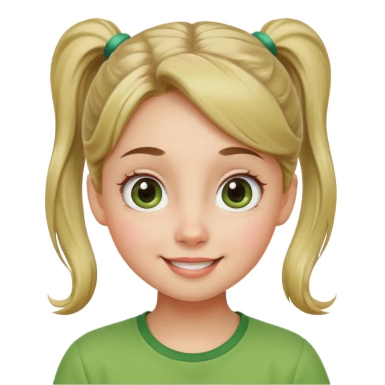 Cute female character, rounded face, big eyes, small nose, cheerful smile, ponytail, green shirt emoji