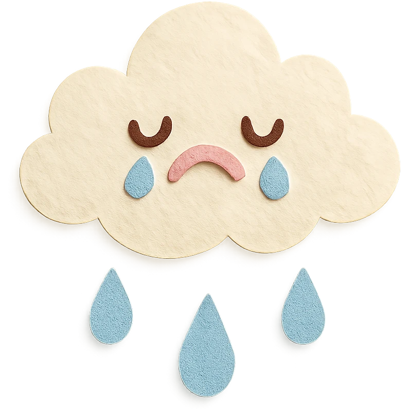 cute fluffy white cloud, crying blue raindrops, soft pastel palette, no arms or legs, full body, paper craft style emoji