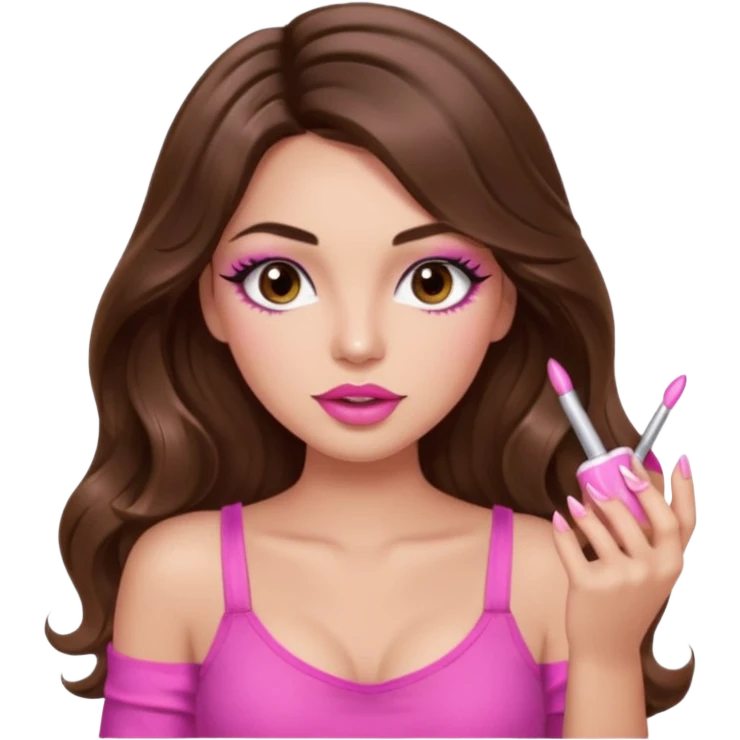 girl with long wavy brown hair, brown eyes, light to medium complexion, in a pink sexy top, pink puckered lips, long lashes, showing a manicure emoji