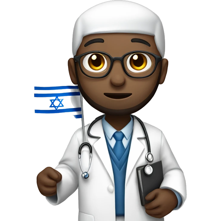 rabbin with Sidelocks holding israel flag in his hands while wearing a doctor white coat with a stethoscope white skin  emoji
