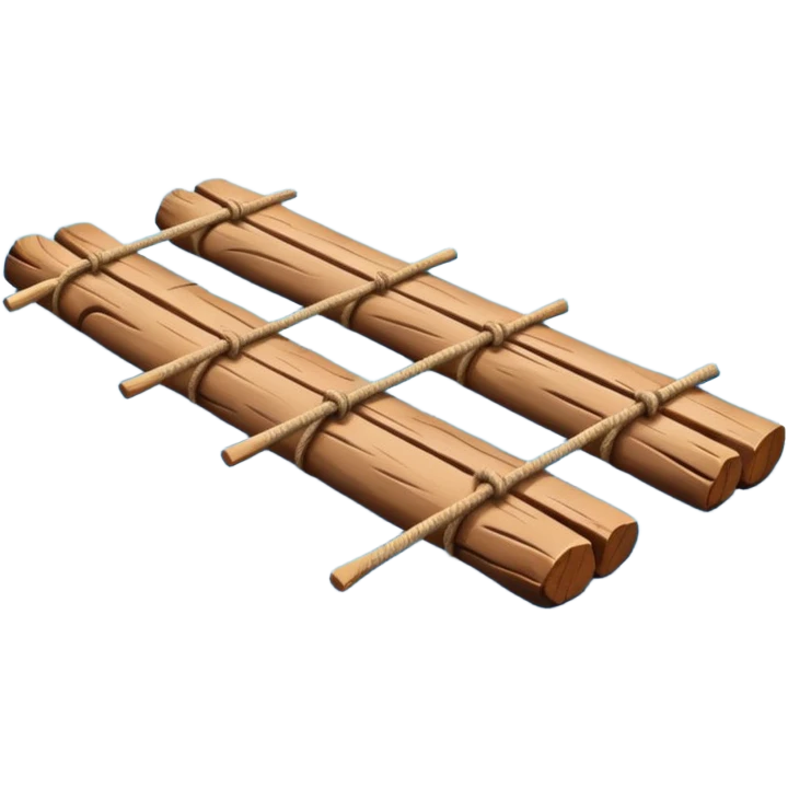 showing a simple wooden raft floating on calm blue water — made of several brown logs tied together with rope — gentle ripples around it — bright, cheerful lighting and soft shadows — minimalist, clean emoji design emoji