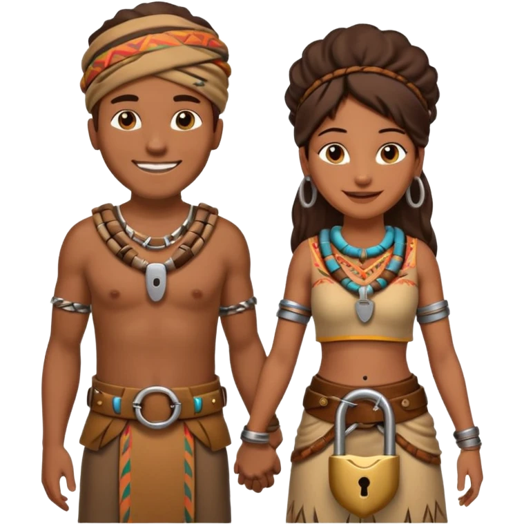 A happy tribal man holding hands with a happy tribal woman wearing a belt with a padlock emoji