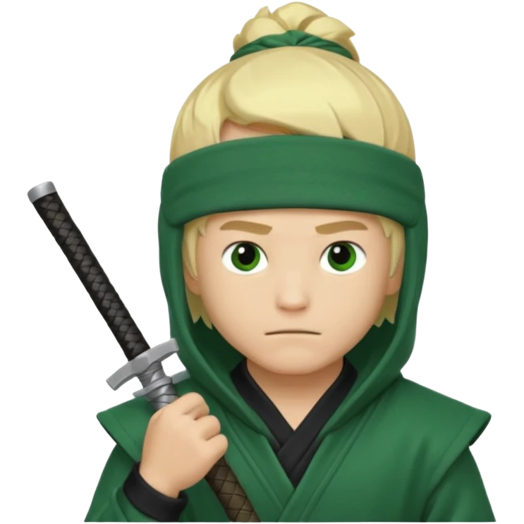 Green ninja Lloyd garmadon blonde hair, kaptur hoody on his head but blonde grzywka visible; the bottom left one is best (the one without miecze + black band + no mask of face) but add miecz emoji