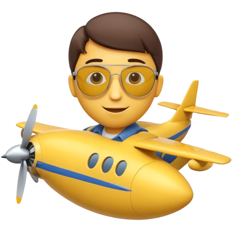 A 3D Apple-style yellow emoji character, classic round shape, wearing pilot-style sunglasses, arms crossed, small smile, a miniature airplane icon floating above its head, symbolizing “airplane mode,” clean cartoonish style, simple background. emoji