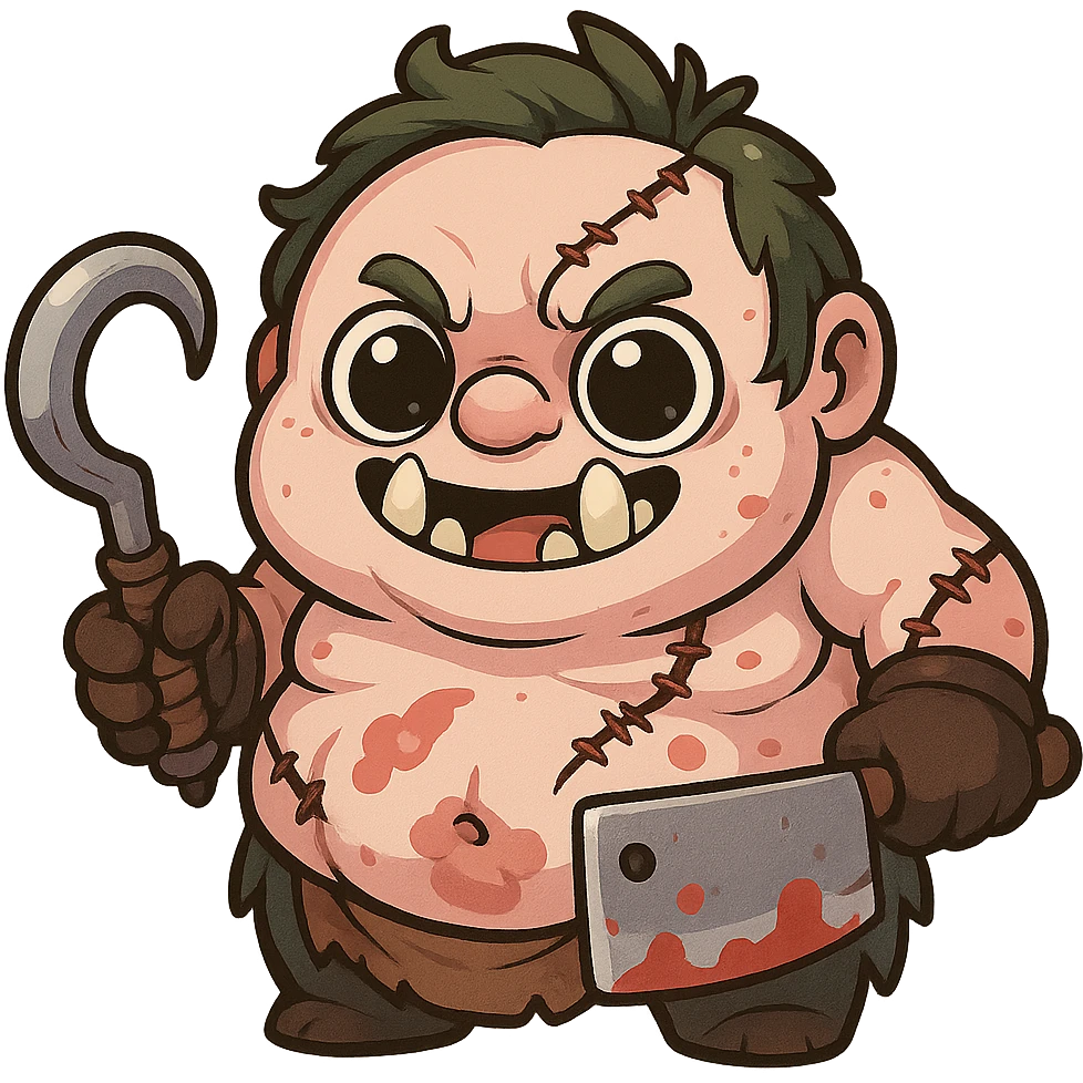 Pudge in a cute, chibi-style cartoon redesign, round proportions, big eyes emoji