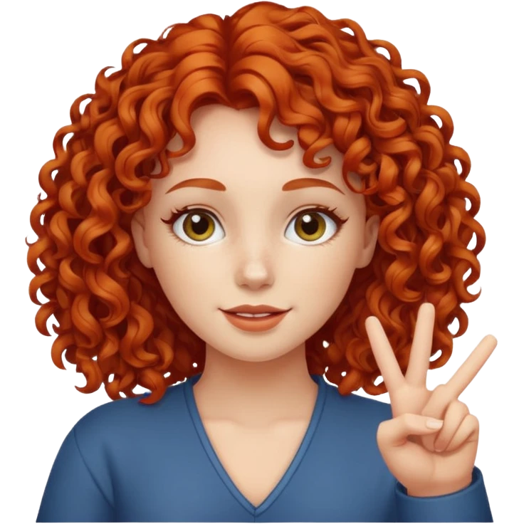 Redheaded girl with curly hair doing peace sign emoji