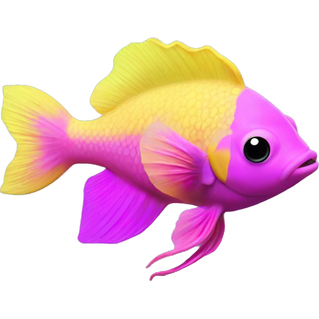 royal gramma tiny fish with purpleish pink front face and half front of body, neon yellow back half and black dot on top fin emoji