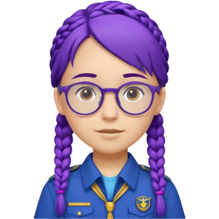blue uniform wearing scout kid with braids and glassess with hat purple haired emoji