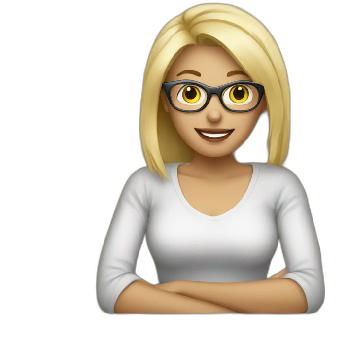 blonde woman with glasses on sofa with computer emoji