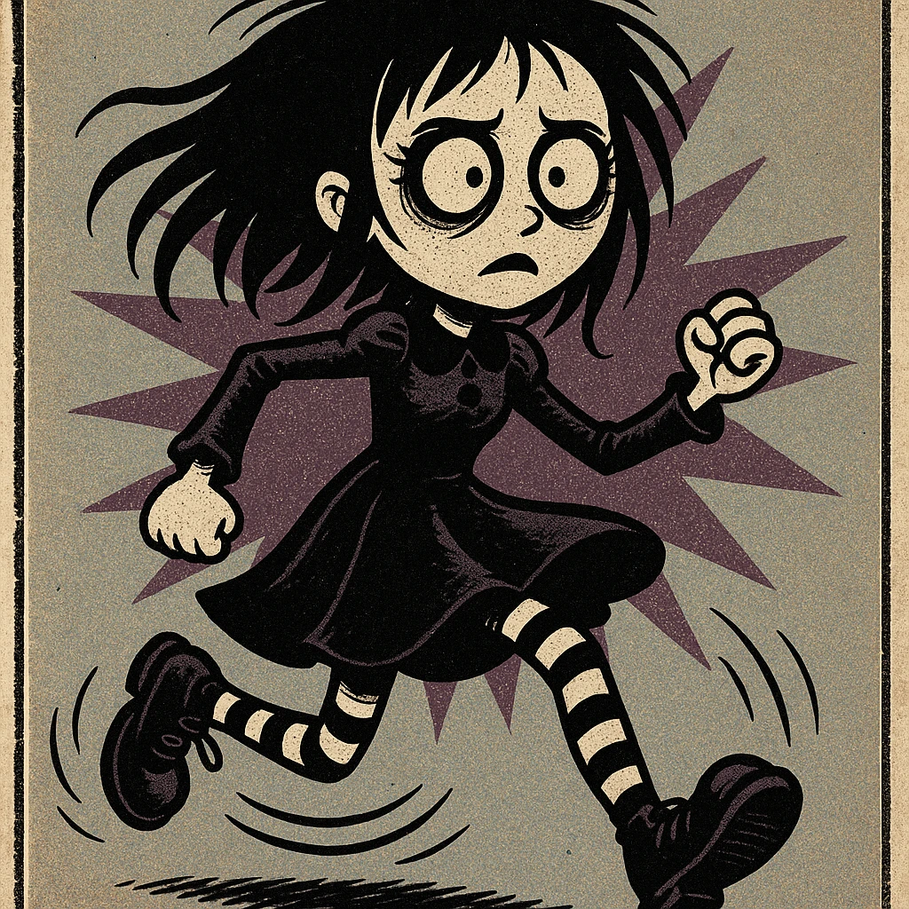 gothic girl, Tim Burton inspired, exaggerated features, striped stockings, whimsical gothic vibe emoji