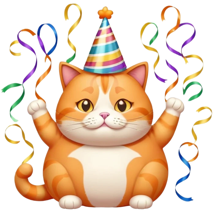 Fat orange cat with birthday hat and streamers emoji