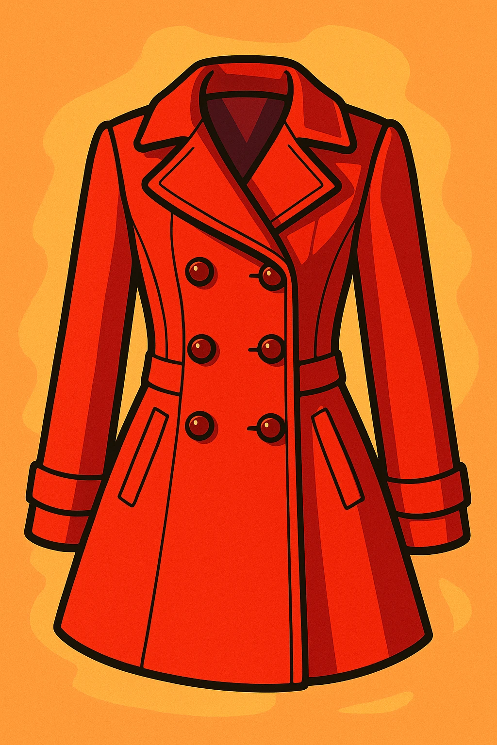 chic red pea coat for women, double-breasted, fashionable, vibrant toon style emoji
