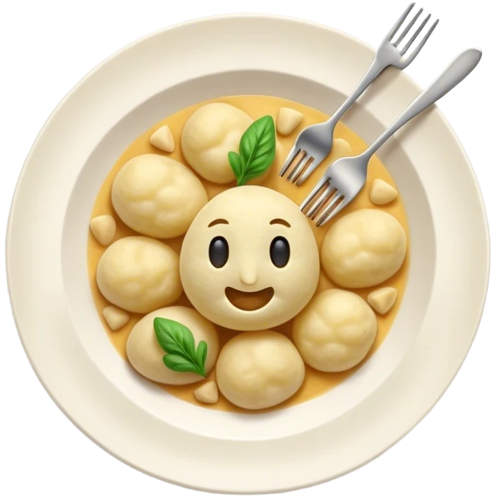Gnocchi Cinematic Realistic Gnocchi Dish Emoji, depicted as tender potato dumplings garnished with iconic fork marks on top, rendered with soft textures and warm, inviting lighting. emoji