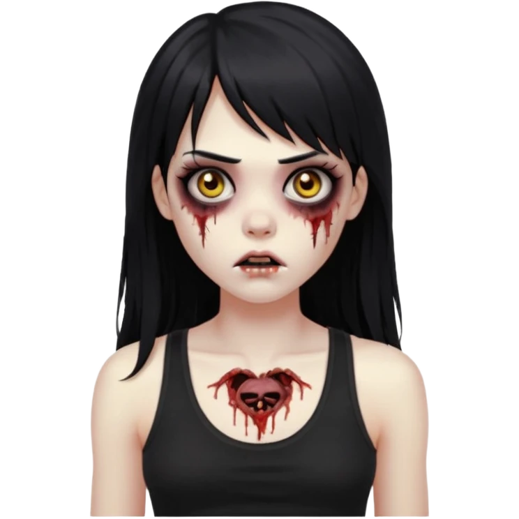 Crie um emoji de zumbi garota do iphone que tenha o cabelo preto longo, de cumprimento no peito, que tenha uma franja no tamanho da sobrancelha, com os olhos escuros e que use uma regata preta emoji