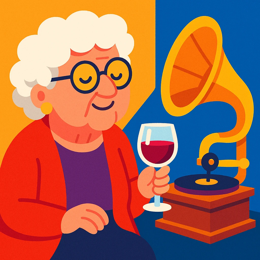 old lady with wineglass listening to gramophone emoji