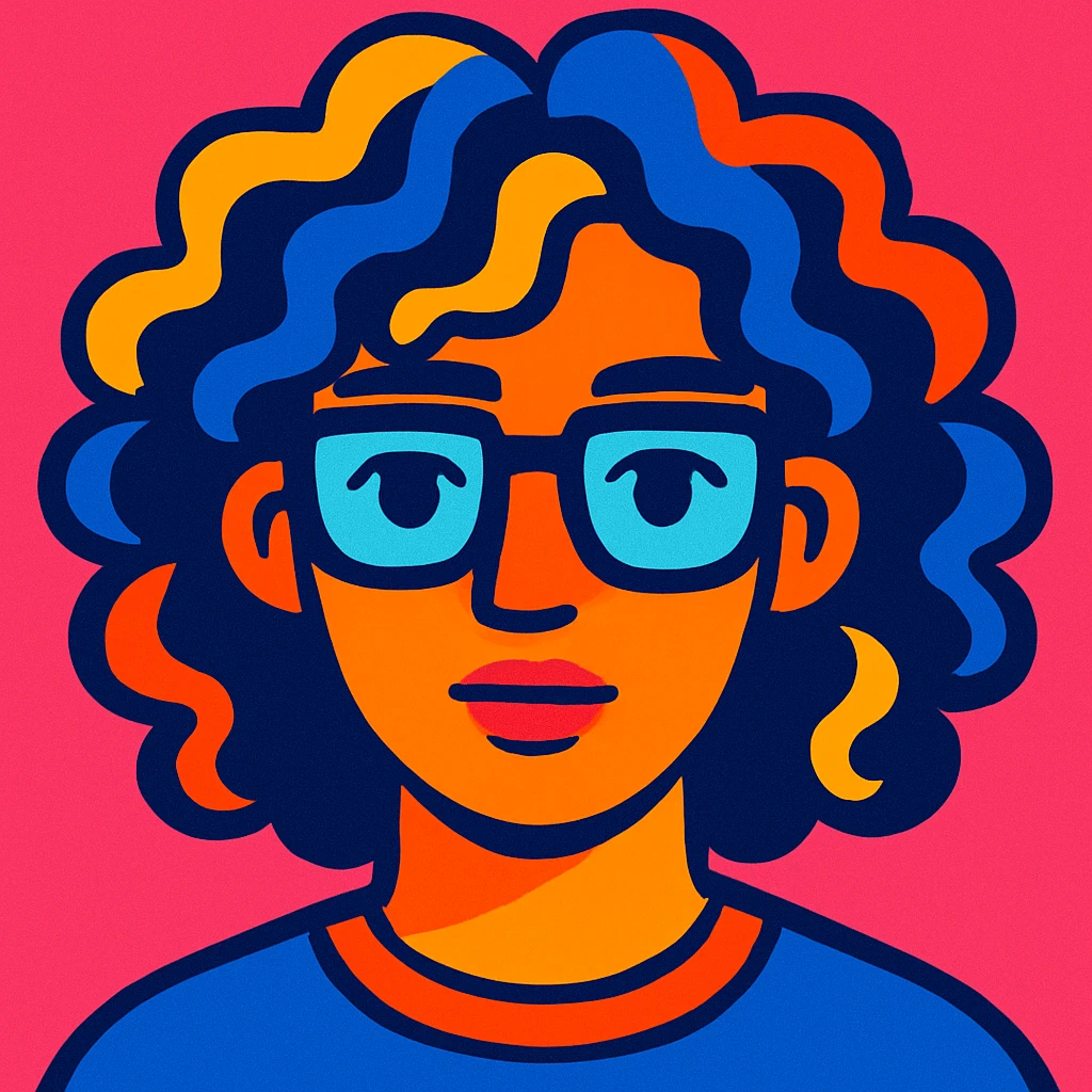 stylized portrait of a face with long curly hair and glasses, generation Z look, pop colors emoji