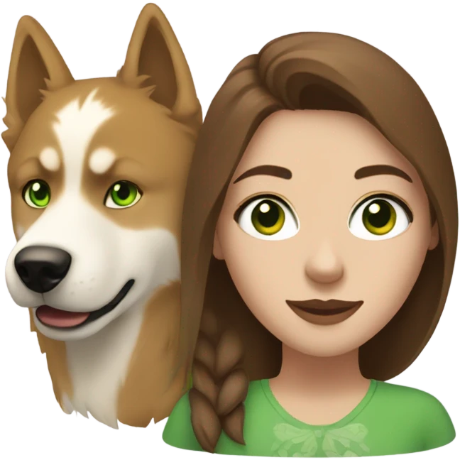 White Woman hair brown and bleus eyes and golden Husky With green eyes emoji