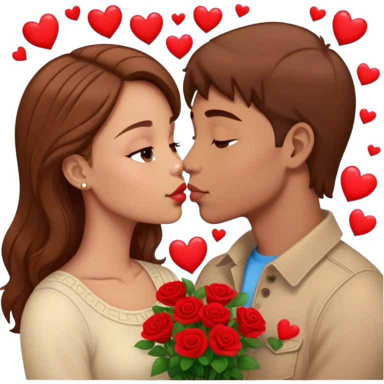 Hyper Realistic brown hair Couple kissing surrounded by red hearts and flowers  emoji