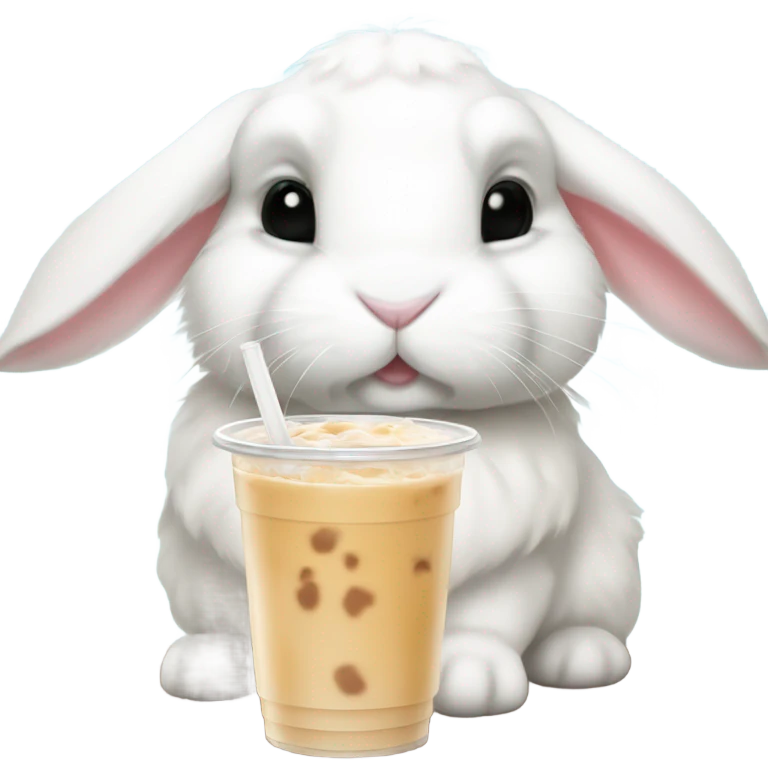 White mini lop rabbit drinking boba tea emoji